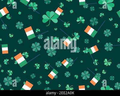Clover and Irish flag seamless pattern for Saint Patrick's Day. Four-leafed and three-leafed clover. Background for printing on paper, advertising mat Stock Vector