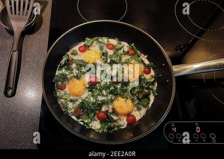 Scrambled eggs with tomatoes and herbs are fried in a skillet on an induction cooker. Stock Photo