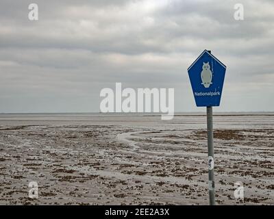 Wilhemshaven/Lower Saxony/Germany - 2019/05/01: Sign in the Wadden Sea National Park at the North Sea shore near city Wilhelmshaven Stock Photo