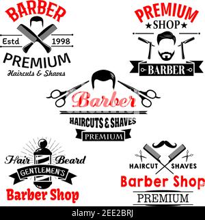 Barber shop vector icons. Symbols of man beards and mustaches and scissors for premium hairdresser coiffeur or hipster trend haircutter. Shaving razor Stock Vector