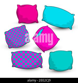Sketch vector illustration of colorful pillow. Big set. Outline elements of the bedroom and bed for sleep. Line art, isolated color pillows. Cartoon Stock Vector