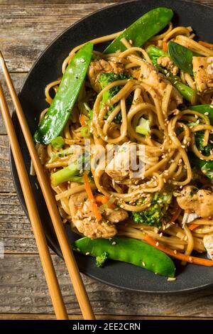 Homemade Asian Chicken Noodle Stir Fry with Fresh Veggies Stock Photo