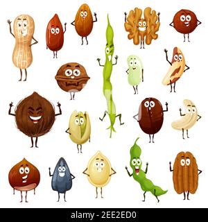 Nuts, seeds and beans cartoon characters set. Peanut, almond and hazelnut, coconut, pistachio and cashew, brazil nut, soybean and pecan, walnut, pumpk Stock Vector