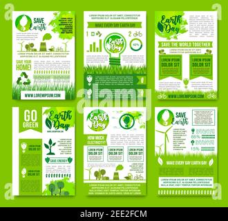 Save Earth vector infographics brochures. Natural sources consumption and green energy use for environment conservation and nature ecosystem protectio Stock Vector