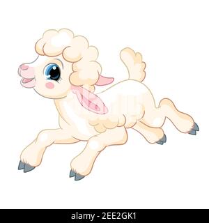 Cute cartoon character running lamb. Cute animal. Vector isolated illustration for postcard, posters, nursery design, greeting card, stickers or room Stock Vector
