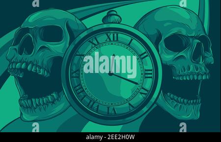 pocket watch with human skull. illustration line art. Stock Vector