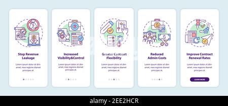Contract management automation benefits onboarding mobile app page screen with concepts Stock Vector