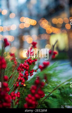Beautiful red berries and pine boughs adorn holiday decorations at an outdoor shopping area in Washington DC. Stock Photo