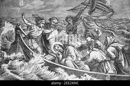 Jesus calming the storm on the Sea of Galilee. From The Gospels, New ...