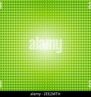 Polka dots green background. Vector halftone illustration. Geometric monochrome dotted pattern. Pop art cover with bubbles in contrast colors Stock Vector