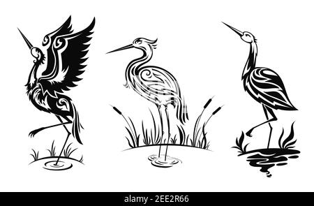 Heron or wader birds vector icons, black hern silhouettes stand in swamp water with reeds. Egrets with ornate body wading in marsh side view, tattoo d Stock Vector