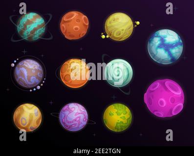 Fantasy planets with rings and satellites in space. Far alien words, galaxy exoplanets or deep space planets with water, ice and desert surface covere Stock Vector