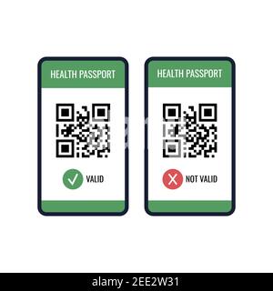 Health passport on mobile phone screen with qr-code and check mark valid and not. Stock Vector