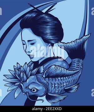 Beautyful Geisha women with koi carp fish. vector illustration Stock Vector