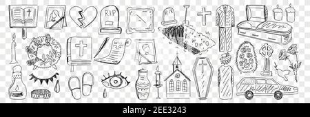 Funeral and cemetery attributes doodle set. Collection of hand drawn coffin candle church cemetery memorials will grief hearse and process of funeral isolated on transparent background Stock Vector