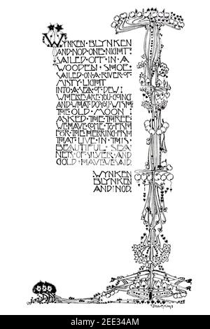 Wynken, Blynken, and Nod children’s poem lettering by Jessie M King in 1899 The Studio an Illustrated Magazine of Fine and Applied Art Stock Photo