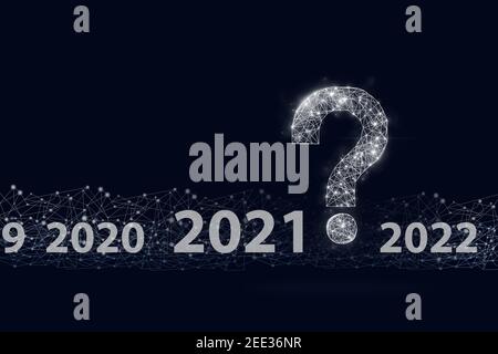 question marks digital low poly hologram and 2021 year on dark blue background Stock Photo