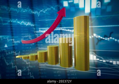 Stacked golds coins by ladder with growing red arrow on a blurred background of stock quotes. Growth of stock indices or financial investment ideas co Stock Photo