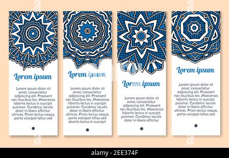 Paisley pattern banners or Mandala ornament templates set. Vector Indian flower ornamental tracery of flourish Buddhistic patterns design for business Stock Vector