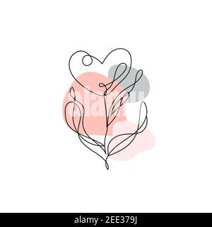 Continuous line drawing. One line flower in the shape of a heart. Modern linear art on white background Stock Vector