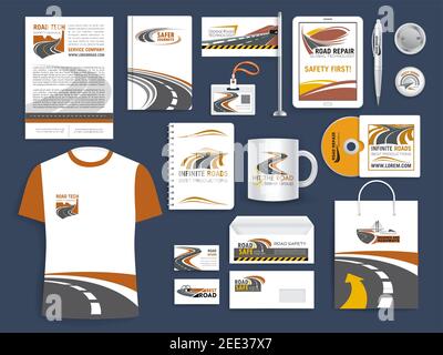 Brand or company corporate vector templates for safety road construction or repair corporation, transportation, travel and tourism agency. Branded acc Stock Vector