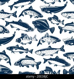 Fish seamless pattern of vector fishes. Fishing catch of tuna, pike and marlin or perch, bream, salmon and flounder or crucian, carp and mackerel spra Stock Vector