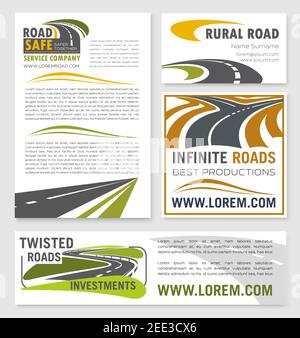 Road construction or development investment company vector banners and corporate posters template. Design of highway routes or motorway elements and s Stock Vector