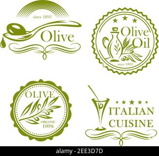 Olives and olive oil products vector labels set. Isolated icons of green olive in alcohol cocktail glass, Italian cuisine cooking pitcher or jar. Orga Stock Vector