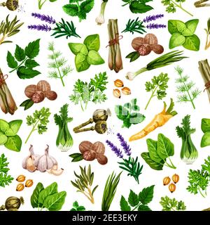 Herbs and spices pattern. Vector seamless design of spicy basil, dill and ginger, parsley and arugula, thyme and lavender, rosemary and cinnamon with Stock Vector