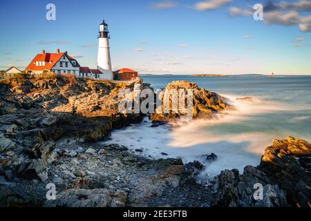 Long exposure image of the historic Portland Head Light in Cape Elizabeth, Maine Stock Photo