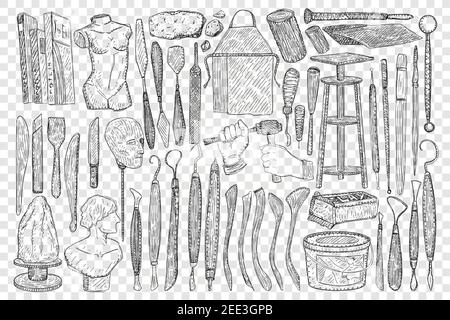 Tools for sculpture doodle set. Collection of hand drawn equipment stone scapula stools and hammers for making handmade sculpture isolated on transparent background Stock Vector