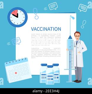 Blue Poster or banner Vaccination campaign. Doctor holding  large syringe and injection bottle. Concept Immunization schedule.  Vector illustration in Stock Vector