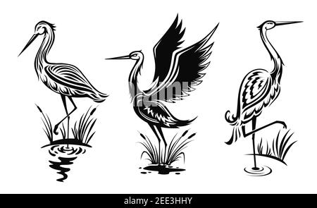 Heron or wader birds vector icons, black hern silhouettes stand in swamp water with reeds. Egrets with ornate body wading in marsh side view, tattoo d Stock Vector
