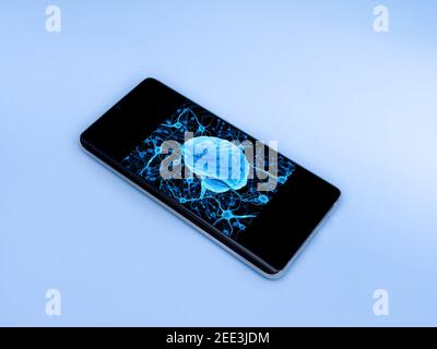 Smartphone, mobile phone isolated, brain with neurons on the touchscreen, smart technology, medical app Stock Photo