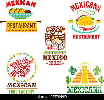 Mexican restaurant template icons set. Mexico cuisine symbols of chili pepper, tapas or burrito with spicy salsa and agave cactus. Vector badges set o Stock Vector
