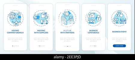 Business travel types onboarding mobile app page screen with concepts Stock Vector