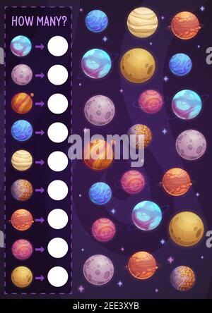 Math game for kids, how many planets in space. Vector estimate task, counting practice for preschool children. Educational mathematical riddle for cou Stock Vector