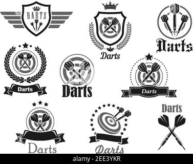 Darts club or championship tournament vector icons templates set. Isolated icons of dart board and arrows aiming to bullseye target on dartboard with Stock Vector
