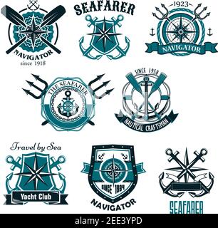 Heraldic marine and nautical vector icons set. Symbols and badges of seafarer ship helm and anchor, captain sailor navigator compass and voyager light Stock Vector