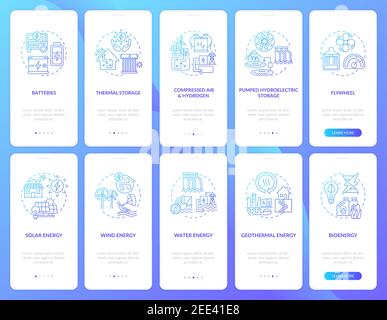 Bioenergy and batteries onboarding mobile app page screen with concepts set Stock Vector