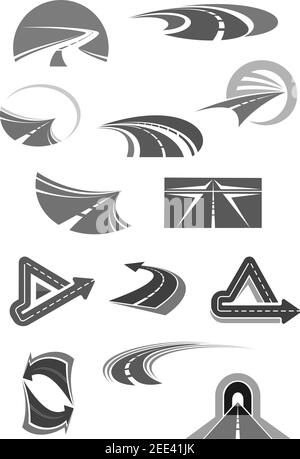 Road and highways with tunnels and directions icons for travel company, construction service or tourist agency. Vector template symbols set of path an Stock Vector