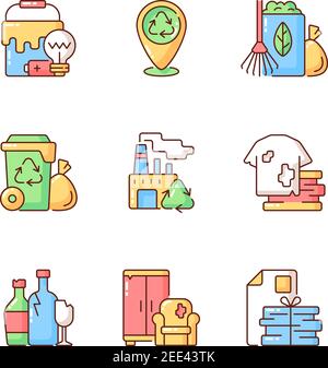 Waste disposal RGB color icons set Stock Vector