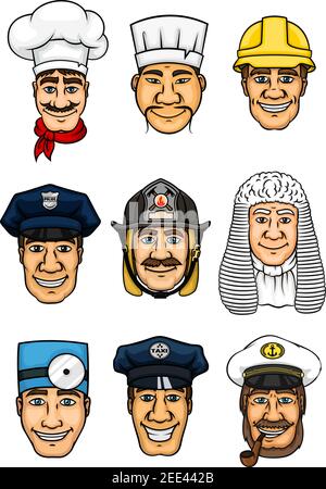 Profession set. Doctor and cook, policeman and fireman, builder, judge snf police officer, taxi driver and sea captain cartoon icon for professional o Stock Vector