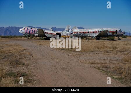 Abandoned airplanes covered in graffiti in the desert outside of Phoenix, Arizona. Stock Photo