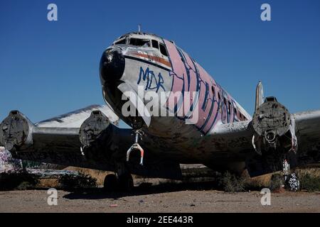 Abandoned airplanes covered in graffiti in the desert outside of Phoenix, Arizona. Stock Photo