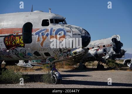 Abandoned airplanes covered in graffiti in the desert outside of Phoenix, Arizona. Stock Photo