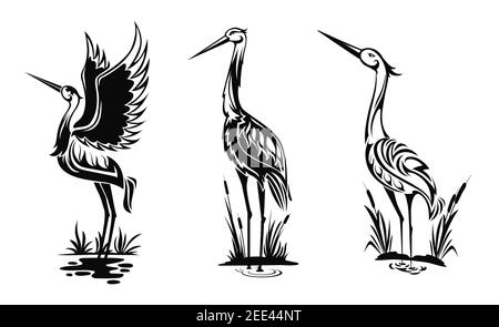Heron or wader birds vector icons, black hern silhouettes stand in swamp water with reeds isolated on white side view wading in marsh, egrets with orn Stock Vector