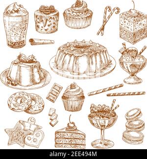 Pastry cakes and desserts vector sketch icons. Biscuits and cupcakes, chocolate muffins and tortes. Homemade cheesecake, tiramisu and brownie pie, cha Stock Vector