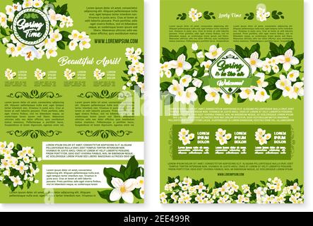 Springtime greetings vector posters set with Welcome Spring wishes and quotes. Holiday design of blooming white crocuses or snowdrops flowers and dais Stock Vector