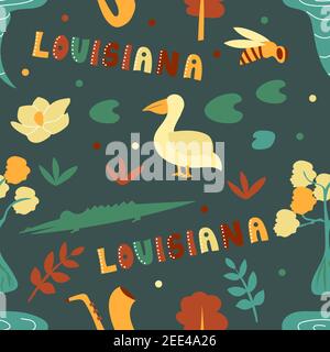 USA collection. Vector illustration of Louisiana theme. State Symbols - seamless pattern Stock Vector